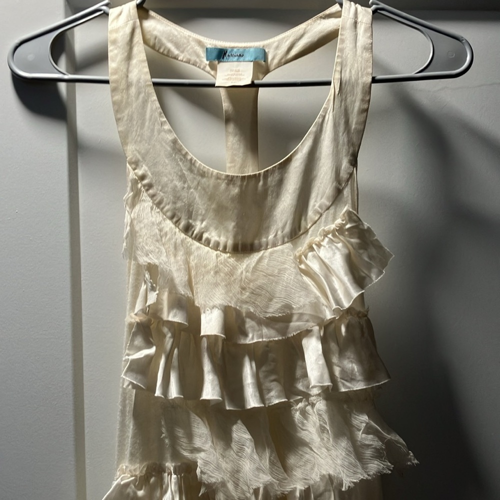 Marciano Romantic Ivory ruffled Cream Silk ruched top tunic S 90’s - Picture 2 of 10